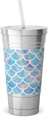 Travel Mugs: Mermaid Scales - Blue Stainless Tumbler With Straw, 18Oz, Blue