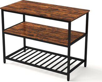 CoolArea Kitchen Island with 3 Shelves Large Worktop & Steel Frame, Rustic Brown and Black