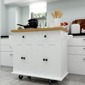 Global Pronex Kitchen Island Cart with Two Storage Cabinets and Two Locking Wheels，43.31 Inch Width，4 Door Cabinet and Two Drawers（White）