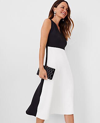 Petite Colorblock V-Neck Midi Flare Dress