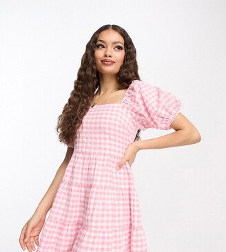 Petite square neck puff sleeve beach dress in pink gingham
