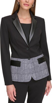 Petite Colorblocked Faux-Leather-Collar Jacket, Created for Macy's - Black/White