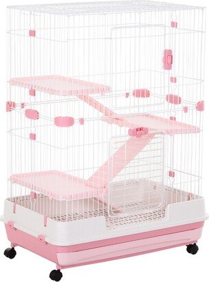 32L 4-Level Small Animal Cage Rabbit Hutch with Universal Lockable Wheels, Slide-out Tray for Bunny, Chinchillas, Ferret, Pink