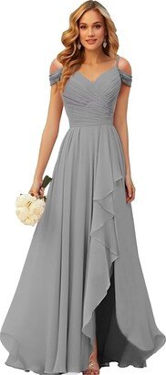 DIYFU Bridesmaid Dresses Off The Shoulder Chiffon Pleated Formal Prom Dress with Slit Size 0 Grey