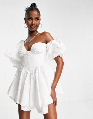 one shoulder cotton dress with corset detail and ruffles in white