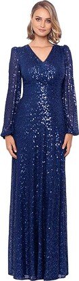 Long Sleeve Long V-Neck Sequin Gown (Royal/Clear) Women's Evening