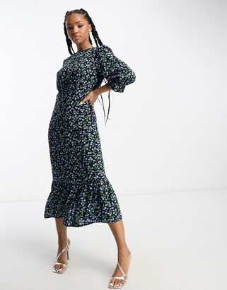 Selena volume sleeve midi dress in blue cherry print