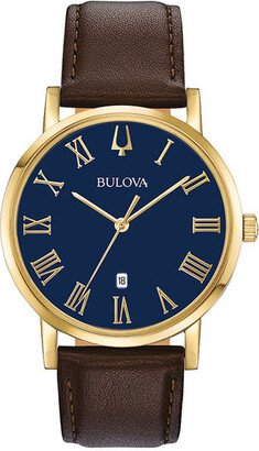 Men's Bulova Classic Gold-Tone Strap Watch with Blue Dial (Model: 97B177)