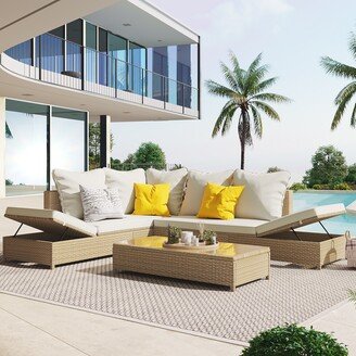 RASOO 3-Piece Patio Rattan Sofa Set PE Wicker Sectional Set with Adjustable Chaise Lounge