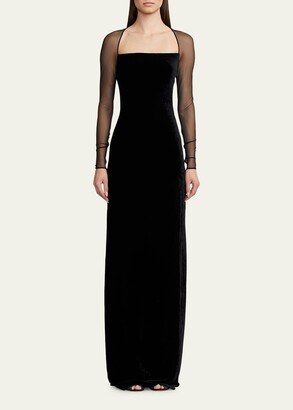 Hartwell Velvet Column Gown with Tulle Sleeves