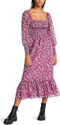 Wildflower Ditsy Smocked Printed Chiffon Midi (Magenta) Women's Clothing