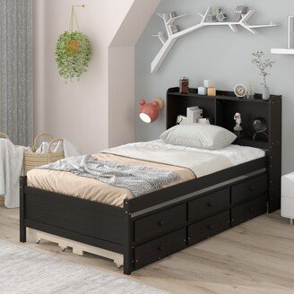 RASOO Pine Wood Bed with Bookcase Headboard, Pull-Out Trundle-AB