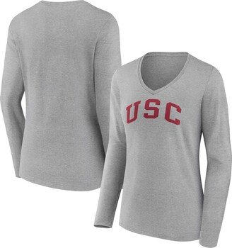 Women's Branded Heather Gray Usc Trojans Basic Arch Long Sleeve V-Neck T-shirt