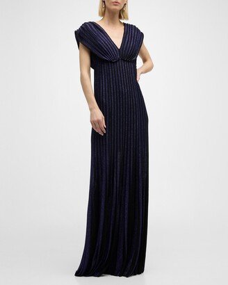 Sunray Metallic Pleated Knit Empire-Waist Gown