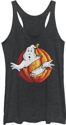 Ghostbusters Women' Ghotbuter Halloween Pumpkin Logo Racerback Tank Top - Black Heather - Small
