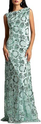 Boat Neck Floral Lace Sequin Gown