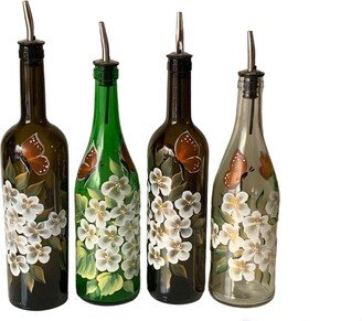 Olive Oil Bottle, Dish Soap Dispenser, Painted Wine Liquid Soap, White Flowers Butterfly Bottle