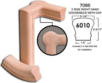 7086 Red Oak 2 Rise Right Hand Gooseneck with Cap - 6010 Wood Staircase Handrail Fitting For Stair Remodel Ro-7086