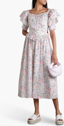 Ruffle-trimmed floral-print cotton-poplin midi dress