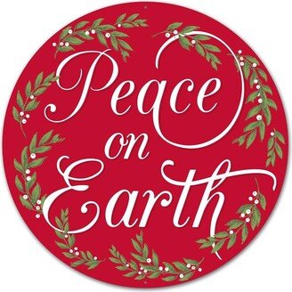 Peace On Earth Sign, Green Leaf Border, Round, 12