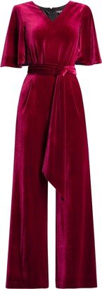 Rumour London Layla Velvet Jumpsuit With Bell Sleeves & Sash In Burgundy