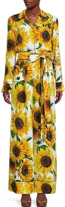 Sunflower Print Belted Silk Jumpsuit