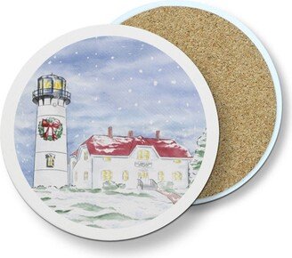 Chatham Lighthouse At Christmas Stone Coaster Set|Nantucket|Cape Cod|Gift|Home Decor|Art|Print|Coastal Christmas|Beach