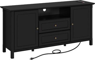 58in Modern TV Console Table with Power Outlet Black