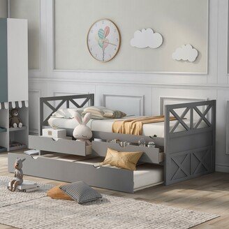 NINEDIN Twin Size Platform Bed,Multifunctional Wood Storage DayBed Sofa Bed Frame w/Trundle & 2 Drawers for Living Room Bedroom, Grey