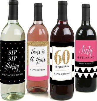 Big Dot Of Happiness Chic 60th Birthday - Pink Black Gold Gift - Wine Bottle Label Stickers - 4 Ct