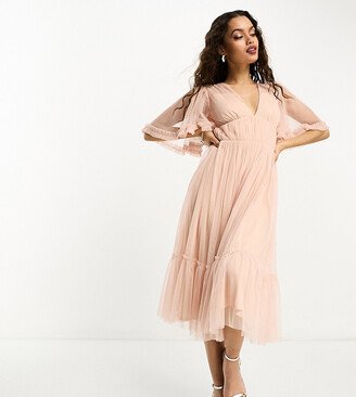 Beauut Petite Bridesmaid tulle midi dress with flutter sleeve in blush