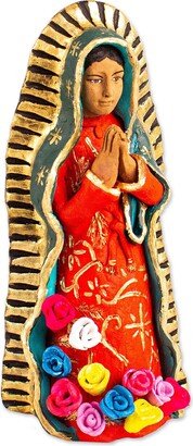 Handmade Guadalupe Virgin With Roses Ceramic Sculpture