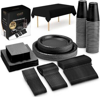 SparkSettings Black Party Supplies Set, Serves 20 Guests, Disposable Dinnerware Set of 222 Pieces