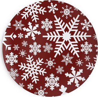 Salad Plates: Christmas White Snowflakes On Red Background Salad Plate, Red