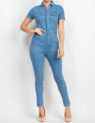 Denim Blvd Short Sleeve Utility Knit Jumpsuit In Denim