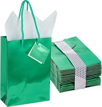 Sparkle and Bash Blue Panda 20 Pack Birthday Bags for Birthday, Small Gifts, Metallic Green, Tissue Paper, 7.9 x 5.5 x 2.5 In