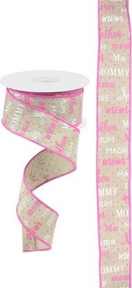 Mom Light Natural/Pink/White Royal Burlap Wired Ribbon, 1.5