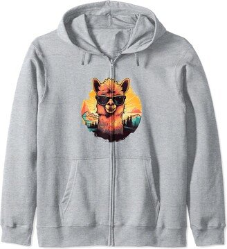 Llama Vintage retro sunset Idea Creative Inspiration Graphic Zip Hoodie