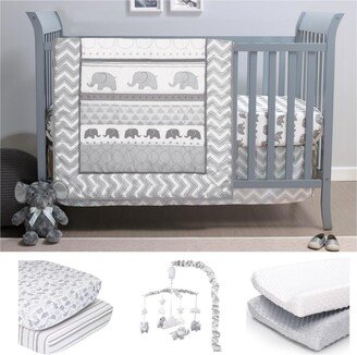 The Elephant Walk 8 Piece Baby Nursery Crib Bedding Set, Quilt, Crib Sheets, Crib Skirt, Changing Pad Covers, and Crib Mobile - Grey/white