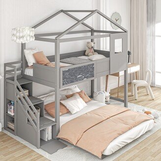 IGEMAN Grey Twin over Full Wood House Bed Bunk Bed with Storage Staircase and Blackboard, 93.5''L*77.7''W*83.7''H, 172LBS