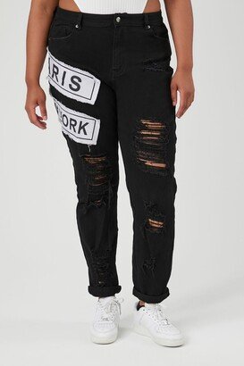 Women's Distressed Graphic Patch Jeans in Black/White, 1X