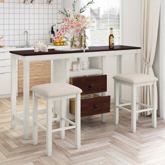 NOVABASA Farmhouse three-piece dining table with rustic counter height table, two drawers and two small place stools