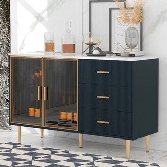 Modern Sideboard, Buffet Storage Cabinet with Amber-yellow Tempered Glass Doors and Gold Metal Legs & Handles