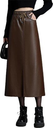Hdhdeueh Women Elastic Waist Casual Pu Leather Skirt Elegant Drawstring Comfort Office Leather Skirt Coffee XXXL