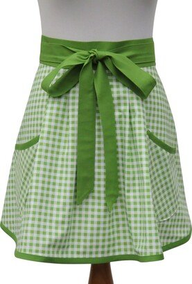 Women's Green & White Gingham Half Apron, With A Pleated Front & Two Pockets