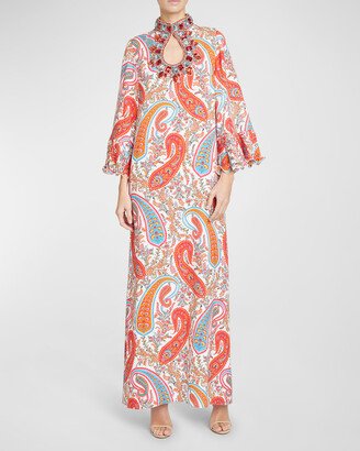 Paisley-Print Crystal Embellished Silk Maxi Dress