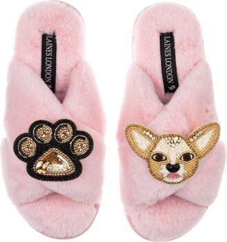 Laines London Classic Laines Slippers With Princess Chihuahua & Paw Brooches - Pink