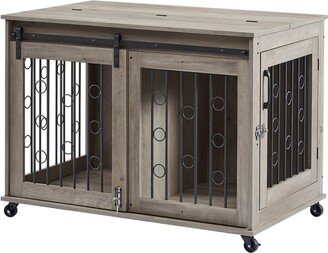 Dog Cage End Table with Sliding Door and Partition for Two Puppies