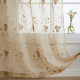 Allegra Floral Vine Embroidered Sheer Voile See Through Light Filtering Window Curtain Drapery Rod Pocket Top Panels for Bedroom & Dining Room,