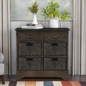 Calnod Rustic Storage Cabinet with Two Drawers, Four Classic Rattan Basket Storage Shelves, Bookcases with Rubber Pads at the Bottom-AB